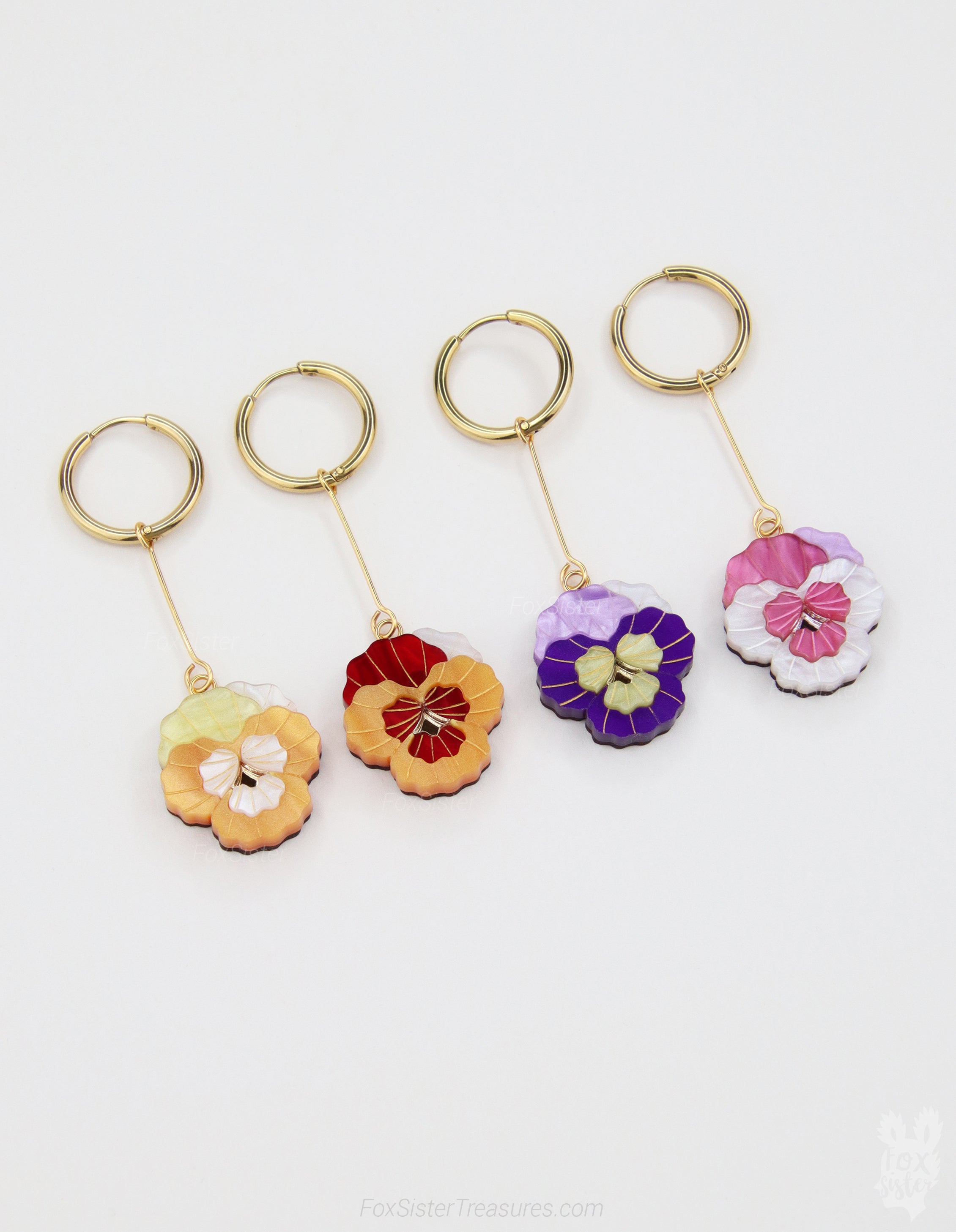 Pansy Flowers – Mix & Match Drop Charm Earrings