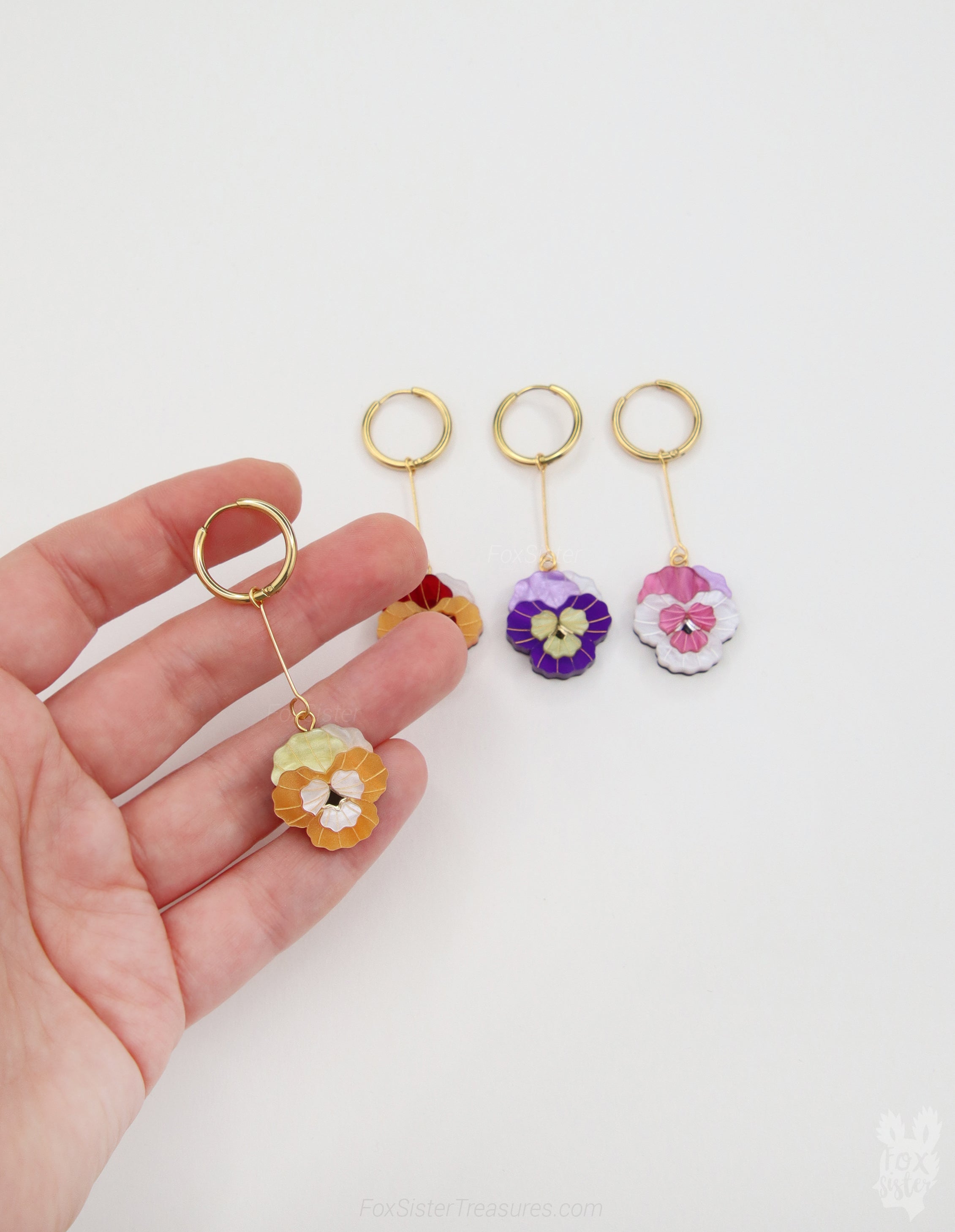 Pansy Flowers – Mix & Match Drop Charm Earrings