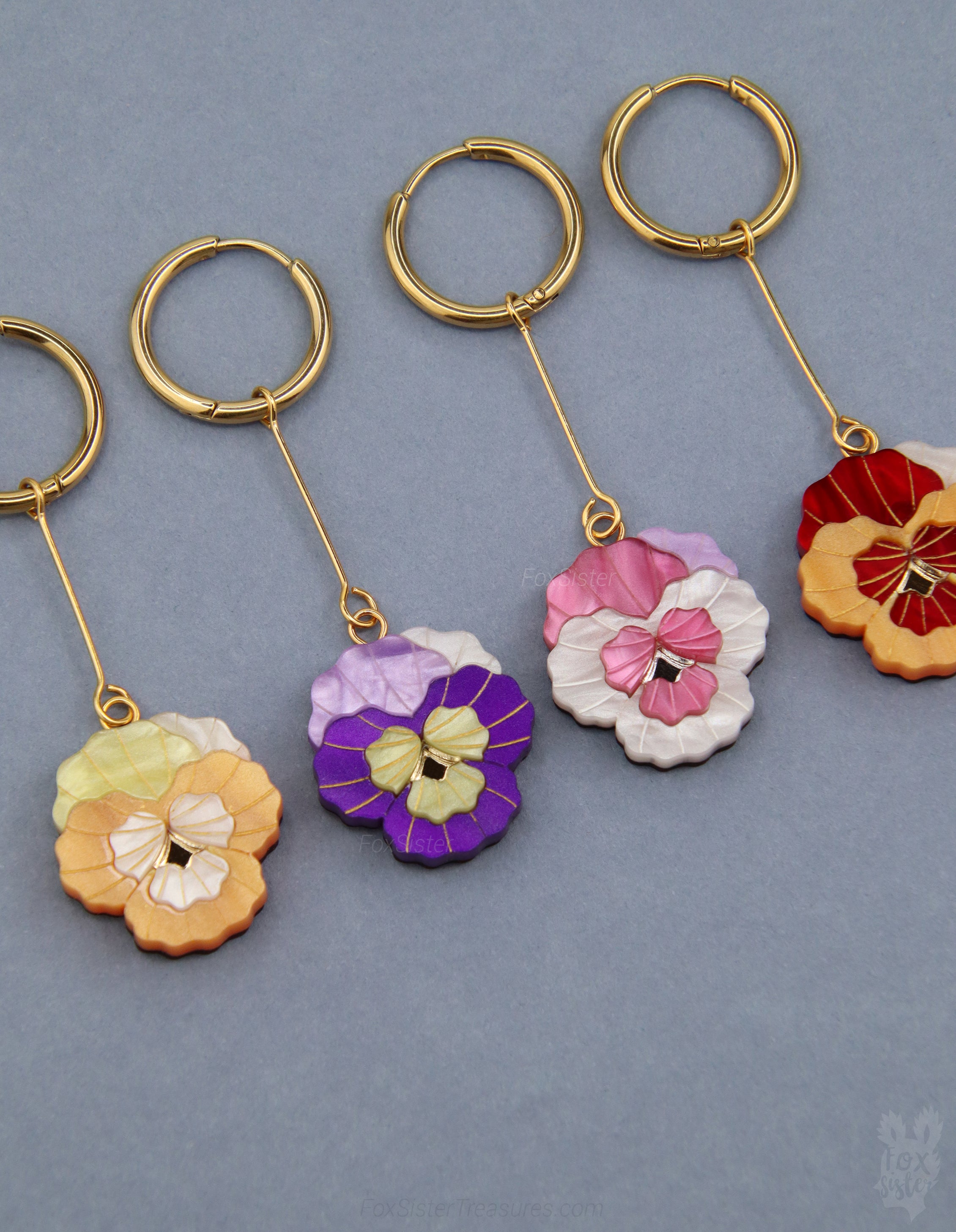 Pansy Flowers – Mix & Match Drop Charm Earrings