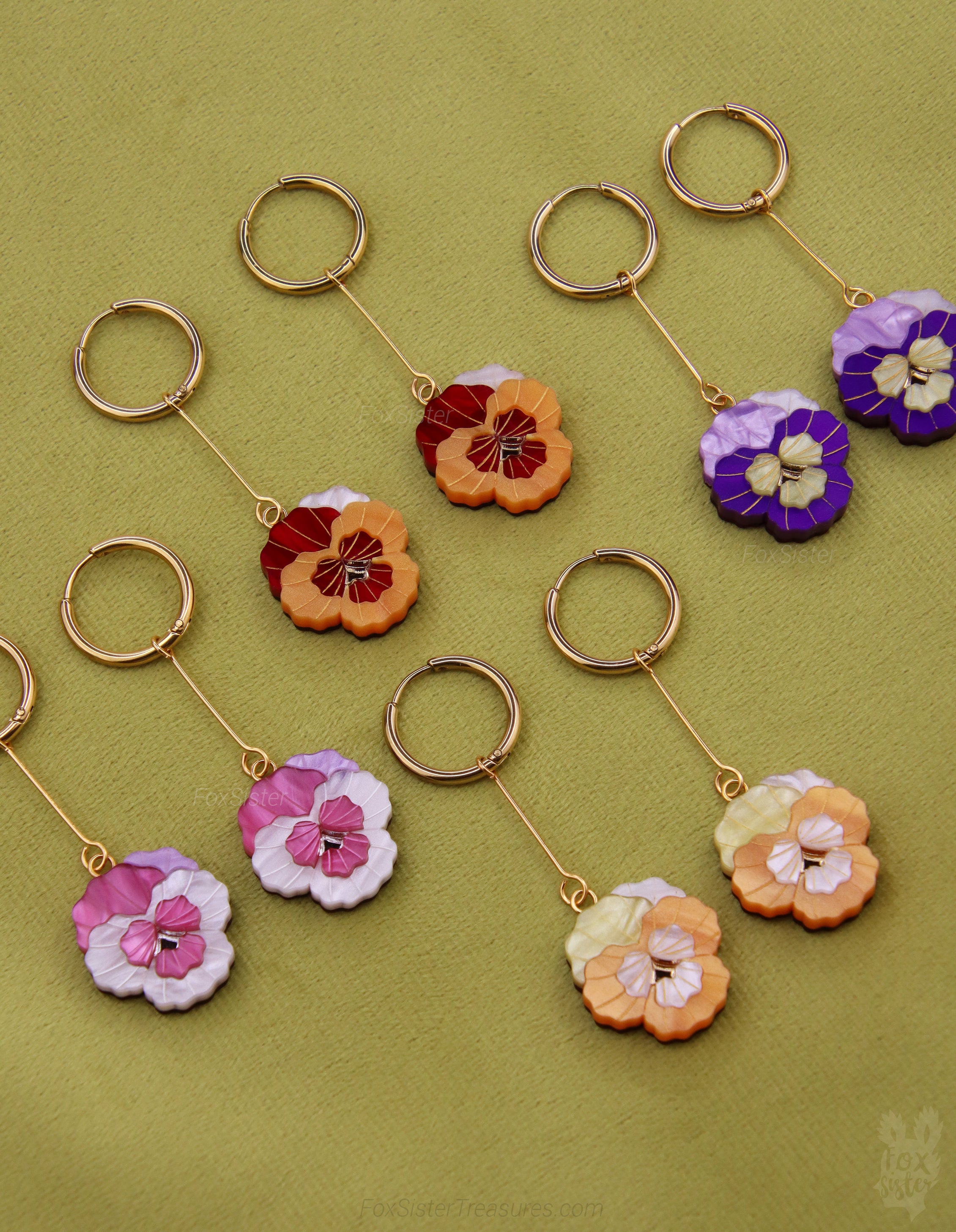 Pansy Flowers – Mix & Match Drop Charm Earrings