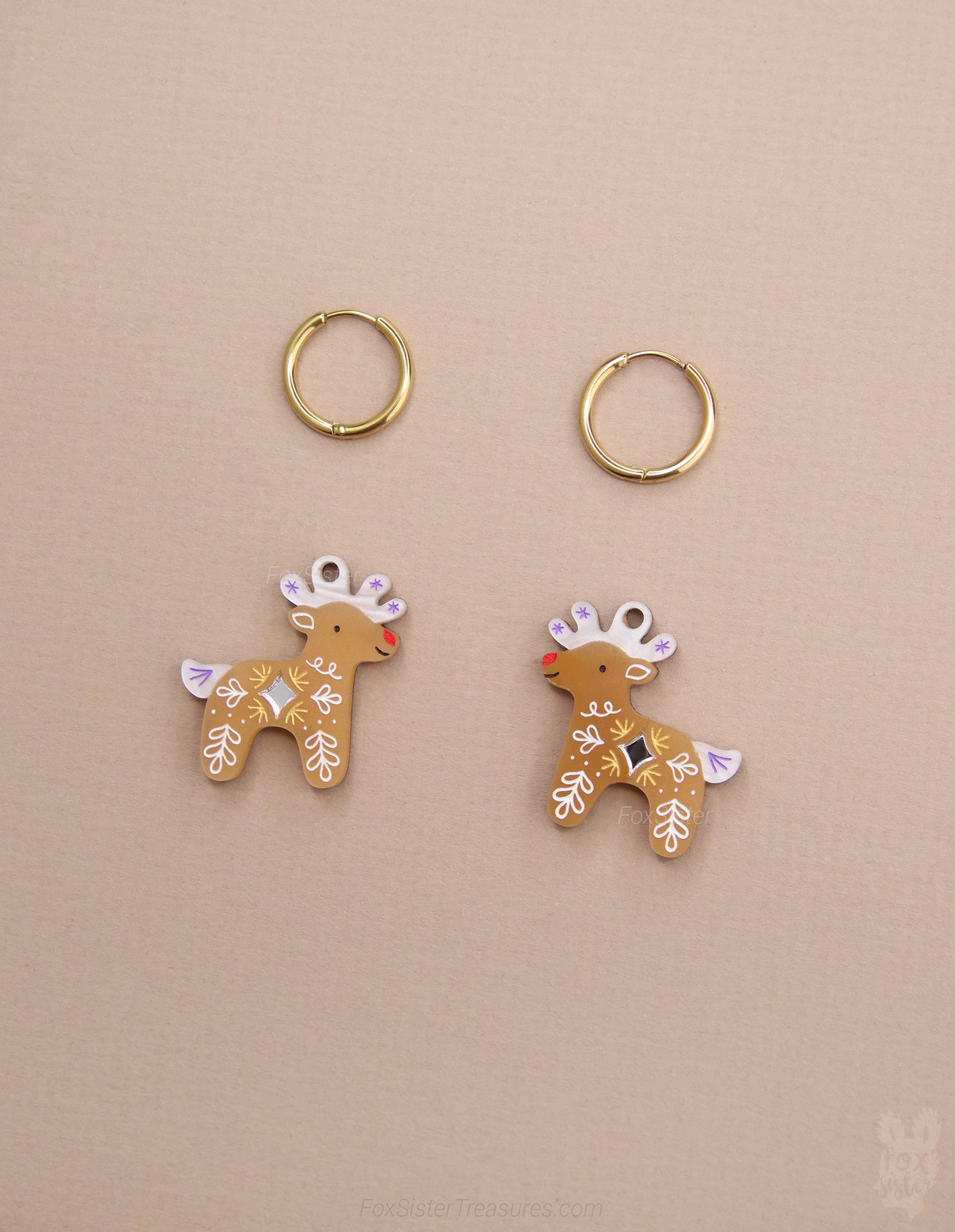 Gingerbread Reindeer - Hoop Earrings