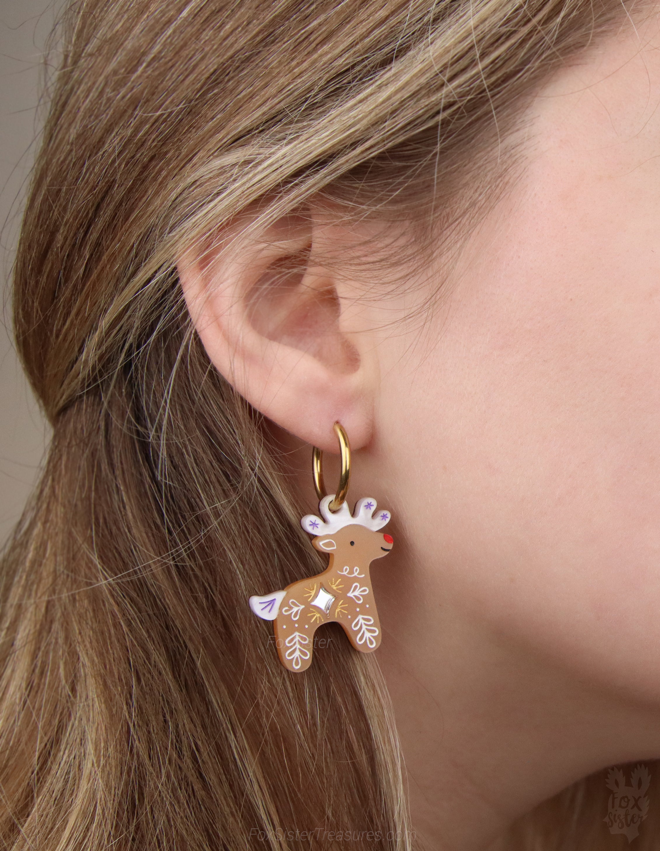 Gingerbread Reindeer - Hoop Earrings